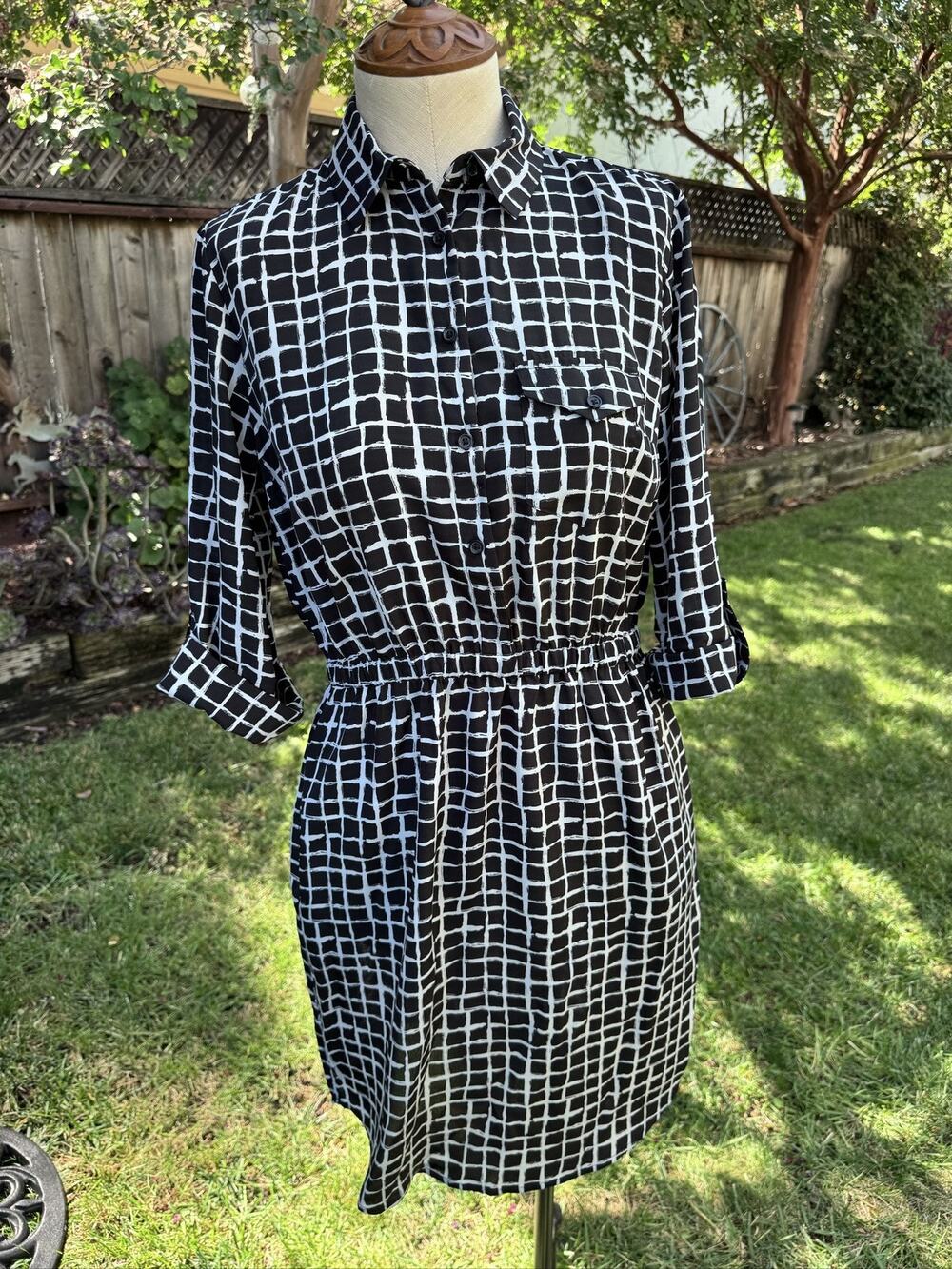 LOFT Women's S Shirt Dress Knee Length 3/4 Roll Tab Sleeve Check Button Collared